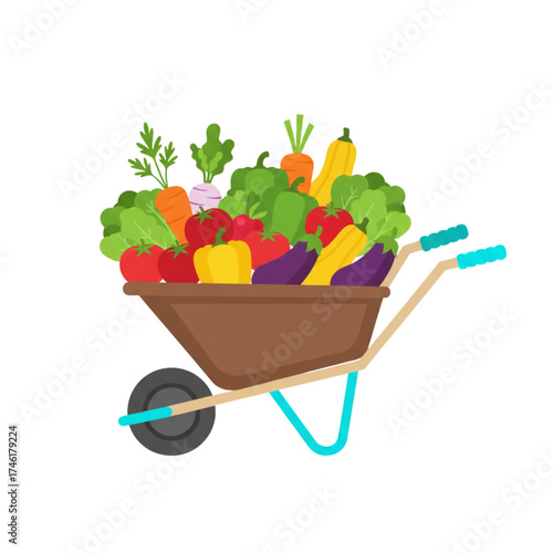 Wheelbarrow filled with colorful vegetables on white background  