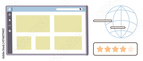 Browser window displaying webpage structure, globe illustration signifying global reach, and a 4-star rating system for quality assessment. Ideal for technology, feedback, user experience, global