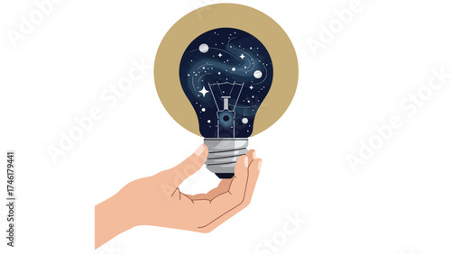 Flat vector hand holding a light bulb that contains a tiny universe inside, idea of infinite creativity and cosmic thinking.