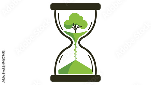 Flat vector hourglass where flowing sand forms a tiny growing tree inside, symbol of time and life. 
