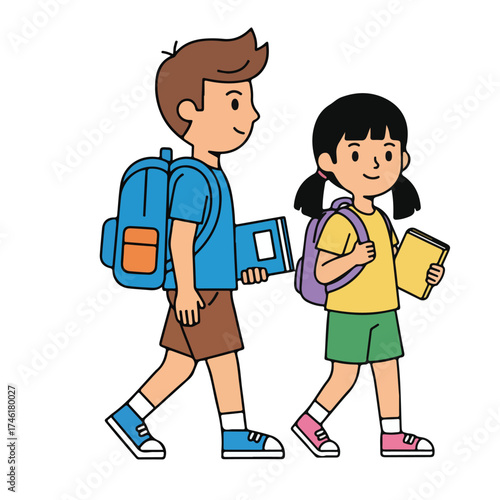 Back to School Cartoon Kids Walking with Backpacks and Books