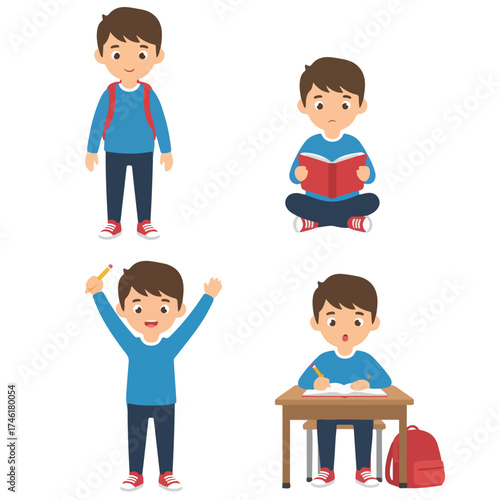 Set of Cute School Boy Characters in Different Poses and Activities