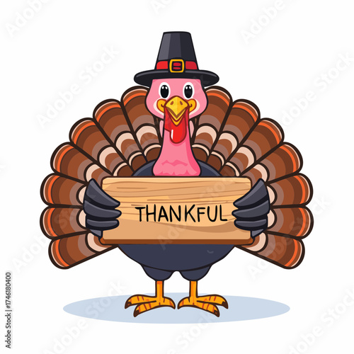 A cheerful cartoon turkey in a pilgrim hat holding a wooden sign with the word “Thankful,” a flat vector illustration for the Thanksgiving holiday