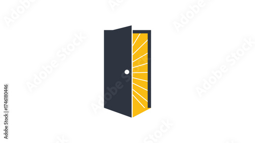 Flat vector open door casting a shadow shaped like a sunrise, symbol of opportunity and hope.