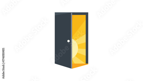 Flat vector open door casting a shadow shaped like a sunrise, symbol of opportunity and hope.