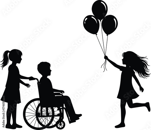 Children playing together, girl pushing boy wheelchair, disabled child friendship, joyful kids with balloons, inclusion, diversity, supportive, happy childhood moments, teamwork.