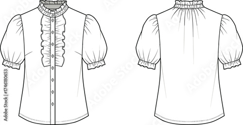Women’s puff sleeve blouse flat fashion sketch, ruffle collar button placket design, front and back view, cad drawing flat vector illustration