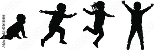 Silhouette of children playing, crawling, running, jumping, happy kids, childhood moments, active toddlers, outdoor fun, growth stages, energetic youth
