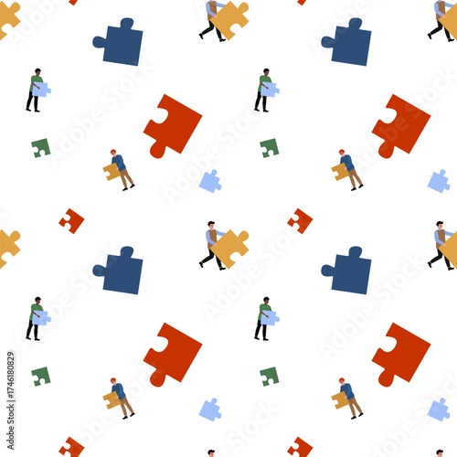 Colorful puzzle pieces being carried by people in a playful, creative scene