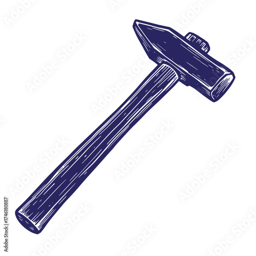 Vintage hand drawn hammer illustration in dark blue on a white background