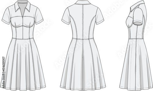 Short sleeve collared dress fashion flat sketch, technical clothing design, front back side view, garment construction, cad drawing flat vector illustration