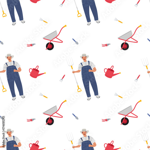 Farmer tending to garden with tools in bright and cheerful pattern design