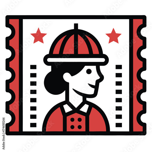 Chinese Woman Icon in Ticket Frame with Red Hat Illustration