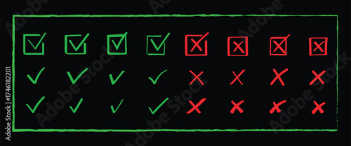 Collection of green checkmarks and red crosses on black background representing choices and decisions
