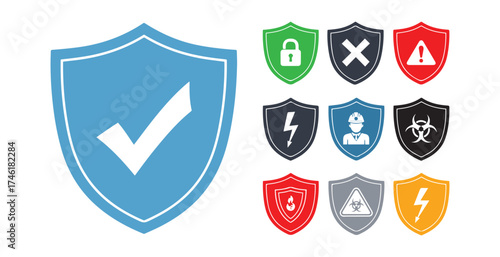Collection of shield icons representing security safety protection and danger warnings