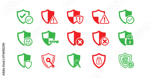 Collection of security shield icons representing protection and safety with different statuses