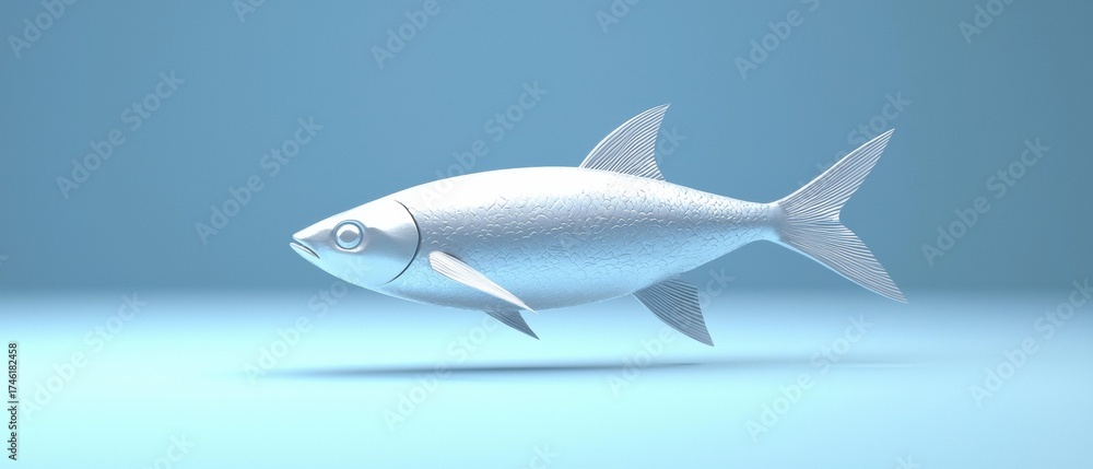 Obraz premium A silvery fish figure is seen in profile, with detailed fins and tail, against a light blue background. AI.