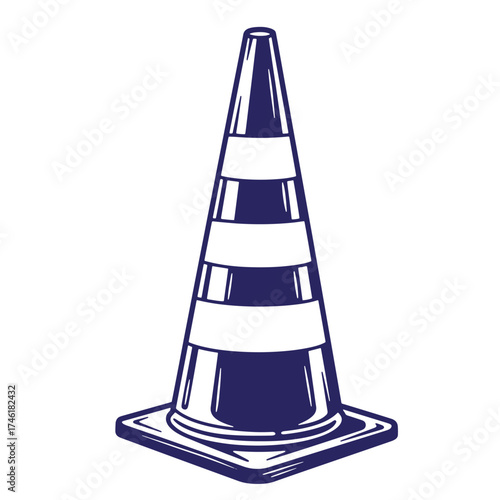 Vintage illustration of a blue and white striped traffic safety cone on white background