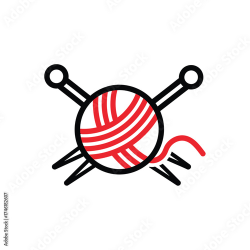 Knitting Yarn Ball with Needles Icon. Red and White Minimalist Illustration.