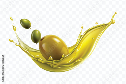 fresh smooth liquid olive flow fuel wave in mid air cut out and curve style isolated on transparent background