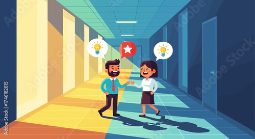Business colleagues sharing ideas and feedback in a bright office hallway
