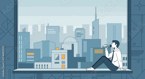 Businessman Drinking Water, Relaxing, City View, Window Seat.