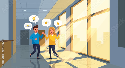 Colleagues Discussing Ideas in Bright Office Hallway