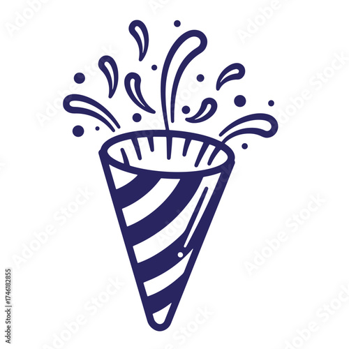 Vintage illustration of a party popper celebrating with confetti elements and striped pattern.