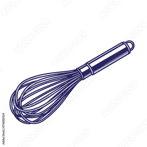 Vintage line art illustration of a kitchen wire whisk isolated on white background