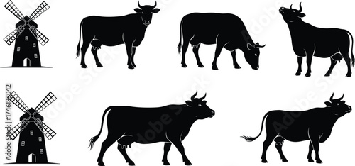 Silhouette windmills and grazing cows, rural farmland landscape, traditional agriculture scene, livestock pasture, countryside nature, black vector illustration design