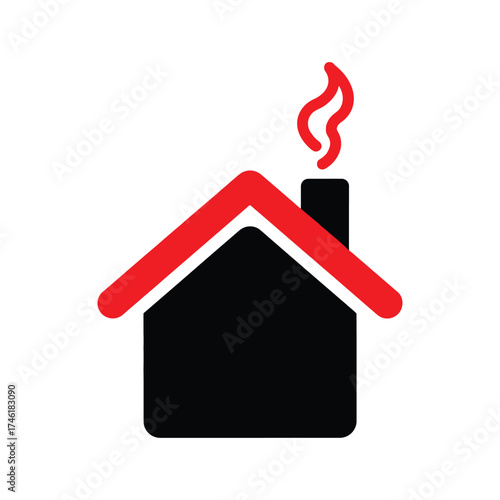 Heating House Icon with Red Roof and Smoke from Chimney