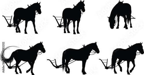 Horse silhouettes with traditional plow, vintage farming illustration, agriculture animals working field, rural countryside labor, historical farm equipment, black vector design