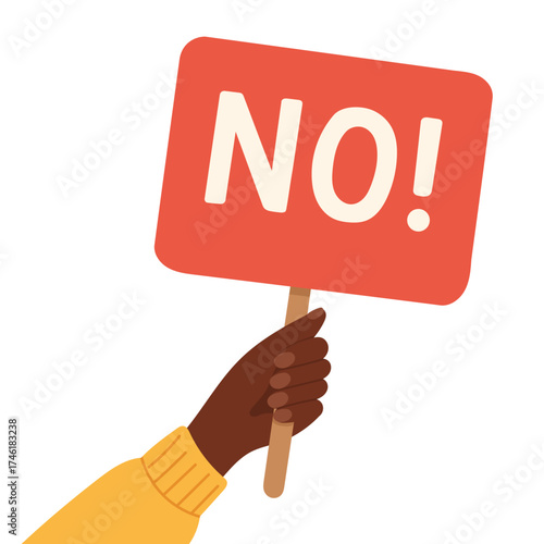 A Hand Holding a Red Sign with the Word NO answer choice. Man or woman holding placard with no sign, person say no vote