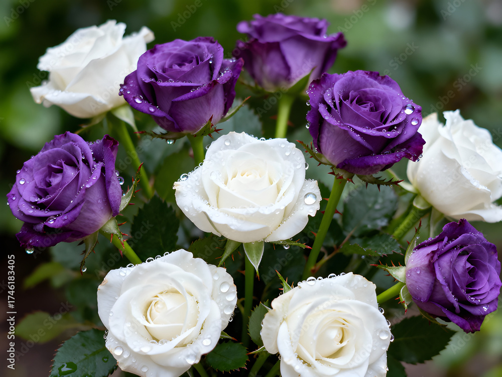 Fototapeta premium A captivating image showcasing a bouquet of vibrant purple and white roses, adorned with delicate water droplets, creating a fresh and elegant aesthetic.