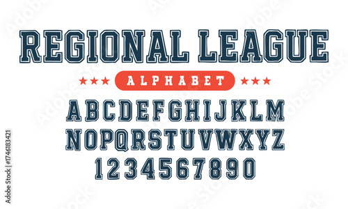 Regional League Collegiate Alphabet A–Z & 0–9, Varsity Block Letters Vector Illustration, banner and poster, easily editable.