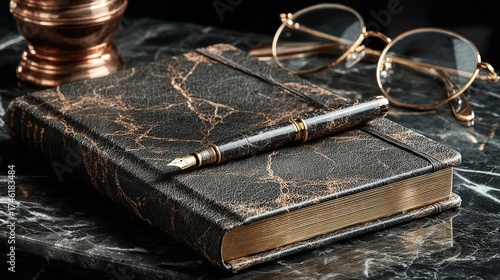 Elegant 2026 Notebook with Fountain Pen and Glasses on Black Marble. Stylish and Sophisticated Study Essentials.