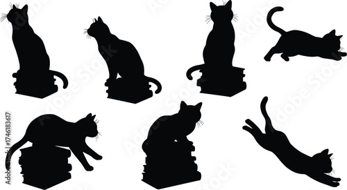Black cat silhouettes sitting on books and jumping in air, feline reading theme, library decoration, knowledge, curiosity, education, mystery, design