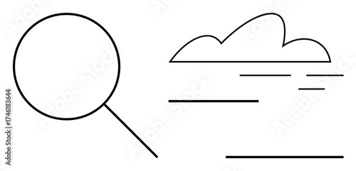 Magnifying glass next to cloud and horizontal lines, symbolizing discovery, information, and speed. Ideal for technology, data analysis, cloud storage, research, efficiency search exploration