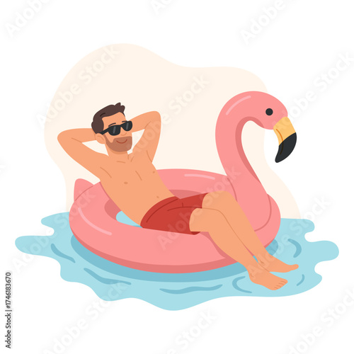 Relaxing on a Pink Flamingo Float in the Pool: Man resting on swimming pool water. Summer rest. Sea vacation. Character on isolated background