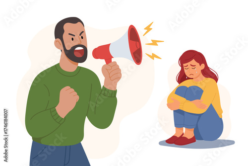 despaired woman sitting on the floor and hugging her knees while crying, with angry man shouting at her. Isolated characters. Concept of family problems, pressure at work, and psychological abuse.