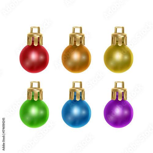Christmas tree bauble set in 3d realistic glass style on white background