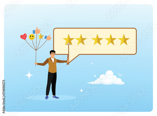 Evaluate customer feedback with 5 stars, thumbs up, likes, and smiles.