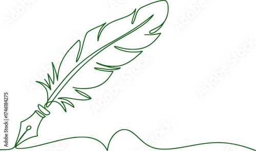 Elegant Green Feather Quill Pen Drawing on White Background