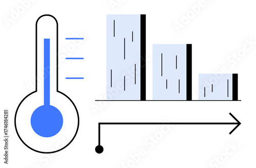 Thermometer and falling bar chart with a directional arrow symbolizing temperature drop, analysis, and reduction. Ideal for climate change, trends, progress, energy, analytics, business metrics