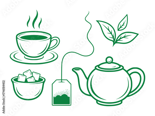 Green Tea Set Cup, Teapot, Leaves, Ice, and Tea Bag Illustration
