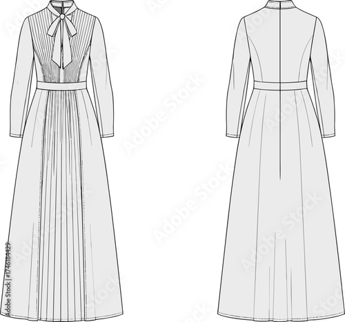 Long sleeve full length dress fashion design, high neckline with bow tie detail, pleated skirt, apparel template 