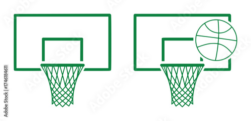 Two green basketball hoops, one with a basketball, on a white background