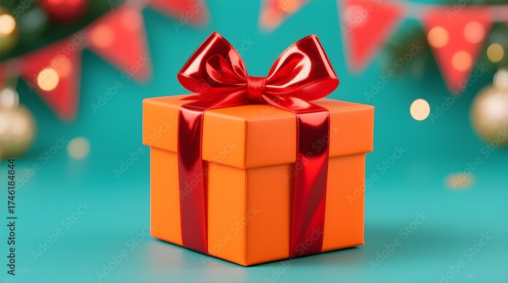 Obraz premium Orange present box with shiny red ribbon and bow on vibrant