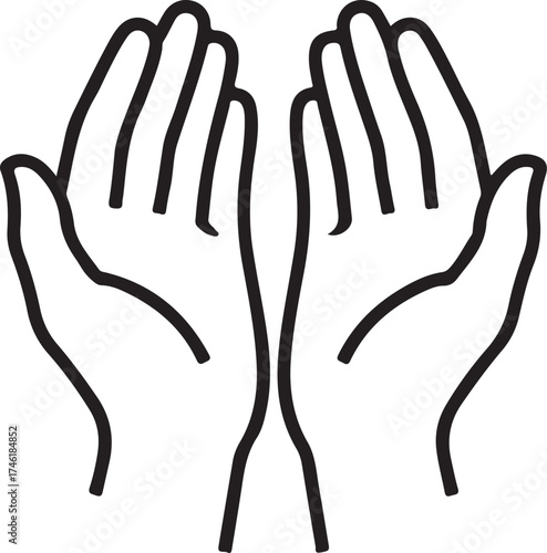 Simple outline drawing of open praying hands offering hope and supplication icon