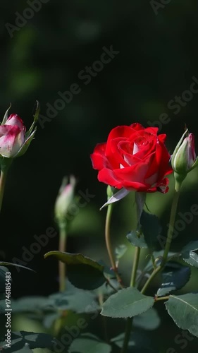 Wallpaper Mural A vibrant red rose stands out among budding rose flowers in a lush garden, illuminated by gentle afternoon sunlight. Torontodigital.ca